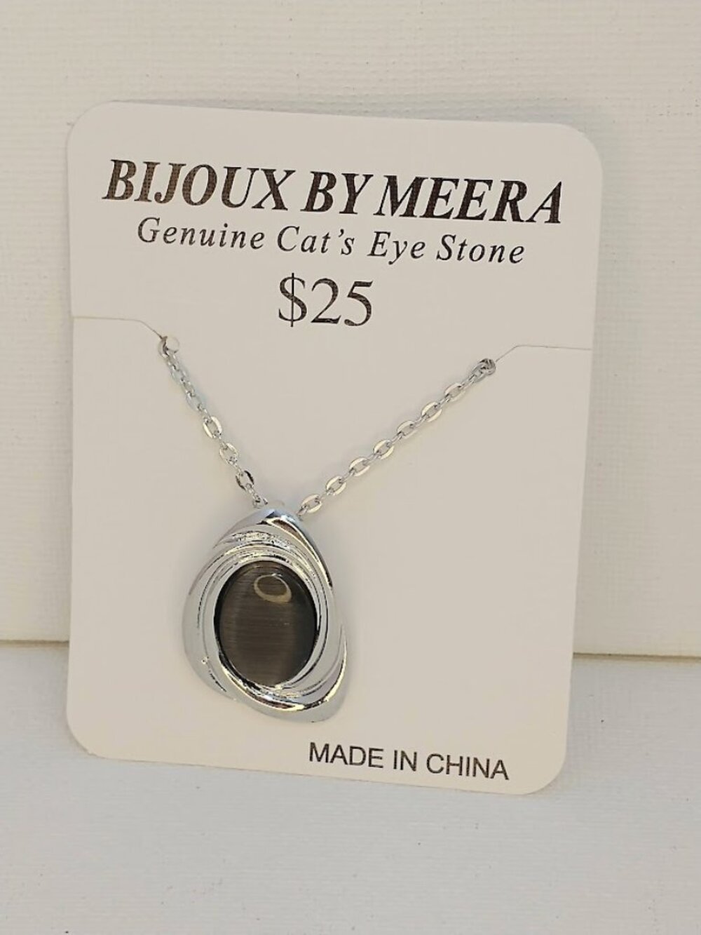 Bijoux by Meera Necklace Genuine Cat's Eye Stone Pendant Silver Tone 20 Inches